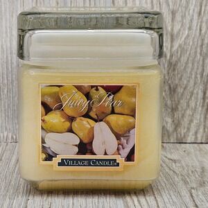 Village Candle Rare Juicy Pear 16oz Square Glass Jar 2 Wick Candle Yellow